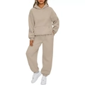 Two-piece casual hooded tracksuit set with kangaroo pocket in apricot beige color - Camel