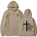 Beige Christian hoodie with black cross and Philippians 4:13 verse on the back - S / Hooded Style / Camel