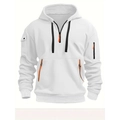 White men's hooded sweatshirt with outdoor cargo pockets and orange zipper accents - S / White (Orange Details)