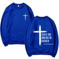 Dark blue religious hoodie with white cross print and Philippians 4:13 verse text - S / Crewneck Style / Royal Blue