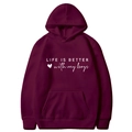 Burgundy hoodie with LIFE IS BETTER with my boys print and kangaroo pocket - S / Burgundy (With My Boys)