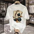 Heren oversized wit katoenen T-shirt met speelkaarten en vlammenprint ontwerp - S / Wit