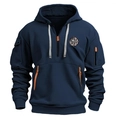 Felpa con cappuccio blu scuro da uomo con mezza zip, cordoncino grigio e logo a stella - S / Blu navy