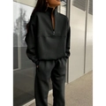 Women's black casual two-piece tracksuit set with half-zip sweatshirt and jogger pants - S / Black