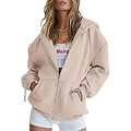 Beige oversized zip-up hoodie for women with drawstring and front pockets in a loose fit - Khaki