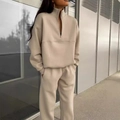 Women's oatmeal oversized lounge set with half-zip sweatshirt and matching joggers - 2XL / Apricot