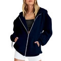 Oversized deep blue zip-up hoodie for women featuring a hood and functional front pockets - Navy Blue