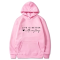 Pink hooded sweatshirt with LIFE IS BETTER with my boys graphic print and kangaroo pocket - S / Pink (With My Boys)