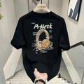 Black heavy cotton T-shirt featuring vintage headphone graphic print on the back - Black