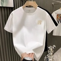 Men's white cotton T-shirt featuring a golden letter R print on the chest, variant view - S / Artistic Letter R White