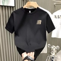 Casual black cotton T-shirt with khaki letter R print and classic crew neck for men - S / Letter R With Lines Black
