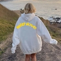 Oversized weißer Hoodie mit Drop Shoulder und gelbem withlove Rückenprint für Herren und Damen - S / Weiß mit gelbem Text