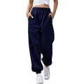 Women's high waist cuffed sweatpants in deep blue color for casual athletic wear - Navy Blue