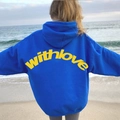 Dunkelblauer Oversize-Hoodie mit gelbem withlove-Schriftzug auf dem Rücken - S / Königsblau mit gelbem Text