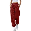 Women's high waist drawstring joggers in deep burgundy color with elastic ankles - Burgundy