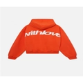 Bauchfreier orangefarbener Oversize-Hoodie mit weißem WITHLOVE-Rückenprint und Drop-Shoulder - S / Orange mit weißem Text