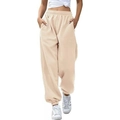 Women's high waist beige jogger pants with elastic cuffs and side pockets for casual wear - Apricot