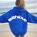 Oversized Kleinblauer Hoodie mit überschnittenen Schultern und withlove Aufdruck - S / Königsblau mit weißem Text