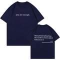 Dunkelblaues Baumwoll-T-Shirt mit weißem You Are Enough Aufdruck, Vorder- und Rückseite - S / Marineblau
