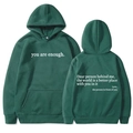 Forest green fleece hoodie with kangaroo pocket showing front and back view details - XS / Tops / Dark Green - White Print