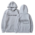 Mid-grey fleece hoodie with 'you are enough' print and kangaroo pocket for women - XS / Tops / Light Gray - Black Print