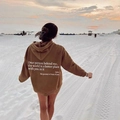 Brown oversized hoodie for women featuring white back letter print in beach sunset - Khaki