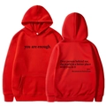 Red fleece hoodie with front pocket and inspirational print you are enough - XS / Tops / Red - Black Print