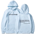 Light blue fleece hoodie with you are enough print and kangaroo pocket for women - XS / Tops / Light Blue - Black Print