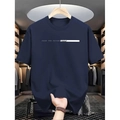 Donkerblauw heren T-shirt met witte Face The Future print en geribbelde ronde hals - S / Marineblauw
