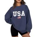 Oversized navy blue crewneck sweatshirt with white USA text and American flag print - Navy Blue