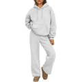 Women's light grey two-piece tracksuit with hooded sweatshirt and wide-leg jogger pants - S / Top And Bottom / Light Gray