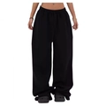 Women's black high street wide-leg lounge pants with elastic waist and drawstring - Black