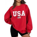 Oversized red crewneck sweatshirt with USA flag print and drop shoulders for women - Red