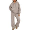 Women's two-piece tracksuit set with oversized hoodie and wide leg pants in taupe color - S / Top And Bottom / Khaki