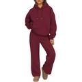 Women's two-piece wine red tracksuit featuring a hooded sweatshirt and wide-leg sport pants - S / Top And Bottom / Dark Red