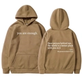 Camel oversized fleece hoodie with 'you are enough' print and kangaroo pocket - XS / Khaki - White Print