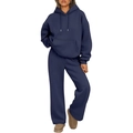 Women's two-piece dark blue leisure tracksuit featuring oversized hoodie and wide-leg pants - S / Top And Bottom / Dark Blue