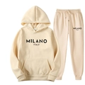 Detail of Milano Italy print on beige fleece hoodie and matching joggers set - XS / Top And Bottom / Khaki