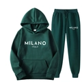 Detail of dark green hoodie set with Milano Italy print and fleece texture - XS / Top And Bottom / G2 Dark Green