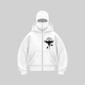 White oversized hoodie with balaclava mask and Viking raven symbol print on chest - S / White