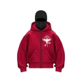 Oversized red zip-up hoodie with black balaclava mask and white eagle nordic print - S / Red