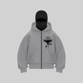 Loose punk gothic grey hoodie with black balaclava mask and raven rune print - S / Gray