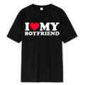 Detail of black cotton T-shirt featuring I LOVE MY BOYFRIEND print and red heart design - S / Tops / I Love My Boyfriend-Black