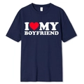 Detail of navy blue t-shirt with white I Heart My Boyfriend slogan and red heart - S / Tops / I Love My Boyfriend-Navy Blue