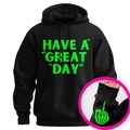 Hoodie noir avec texte Have A Great Day vert et motif de doigt squelette au poignet - S / Noir/Vert