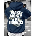 Dunkelblauer Oversize-Hoodie mit weißem Kunstdruck und verstreuten Dollar-Grafiken - S / Marineblau