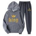 Men's grey hooded tracksuit set with gold king crown print on fleece hoodie and joggers - S / KING / Dark Gray
