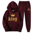 Men's wine red hoodie and joggers set with gold King crown print in size M - S / KING / Burgundy