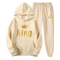Beige fleece tracksuit set featuring hoodie with King print and matching joggers - S / KING / Khaki