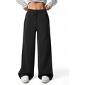 Women's black high waist wide leg sweatpants with adjustable drawstring and side pockets - Black